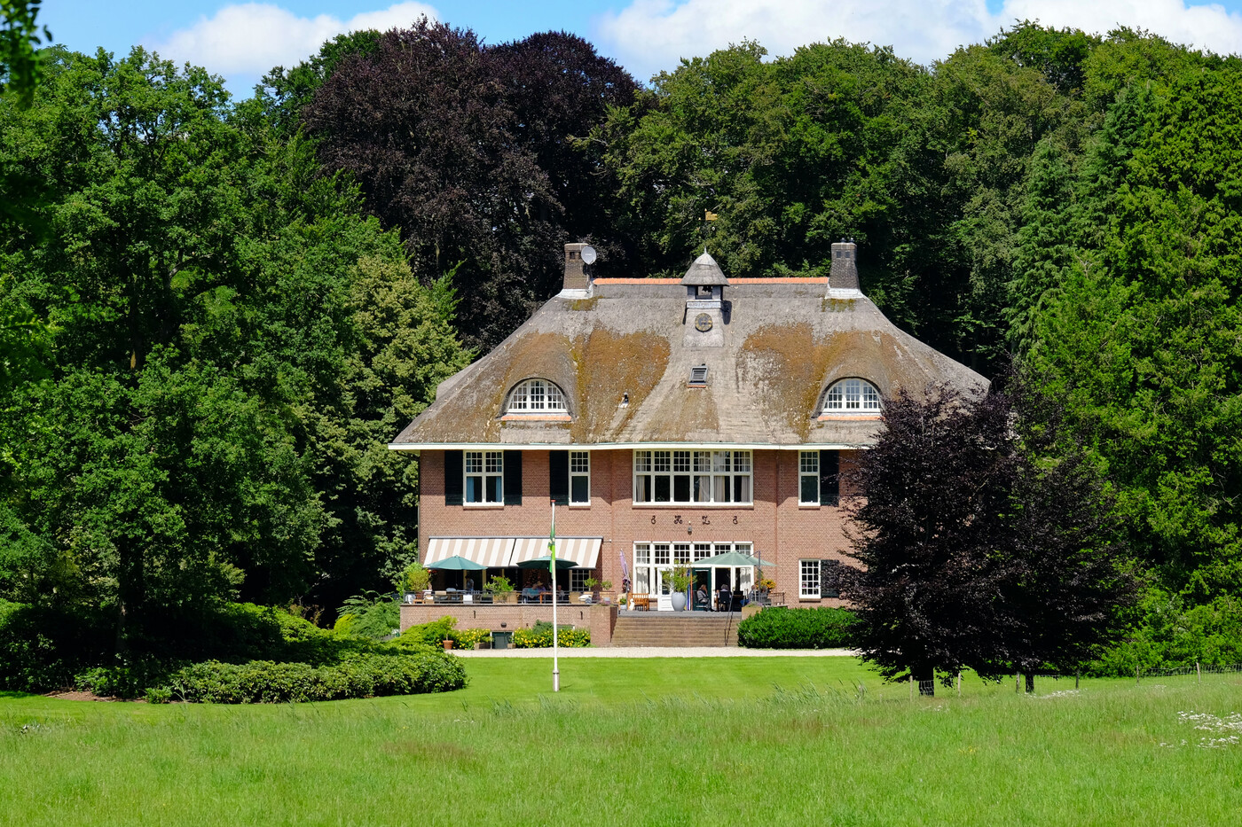 Het achteraanzicht van huis De Ehze, omgeven door bomen, met een groot gazon op de voorgrond.