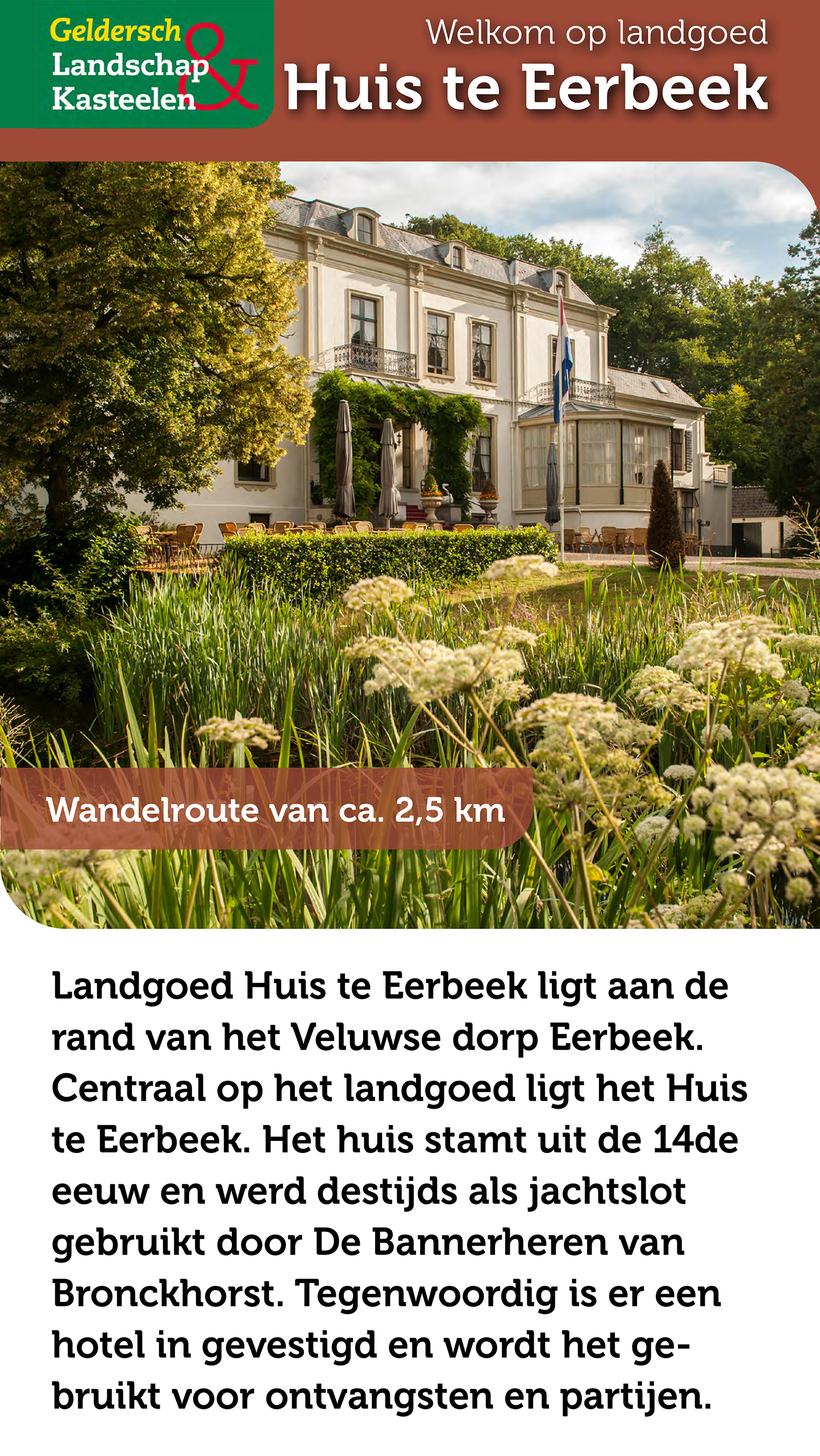 Voorkant van een wandelfolder met een wandeling op landgoed Huis te Eerbeek.