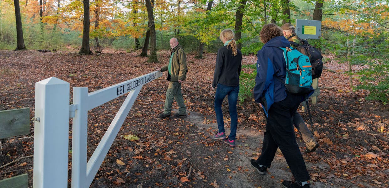 Vier mensen wandelen op een bospad langs een wit hek van Geldersch Landschap & Kasteelen in een herfstig bos op landgoed De Dellen en Heerder Sprengen.