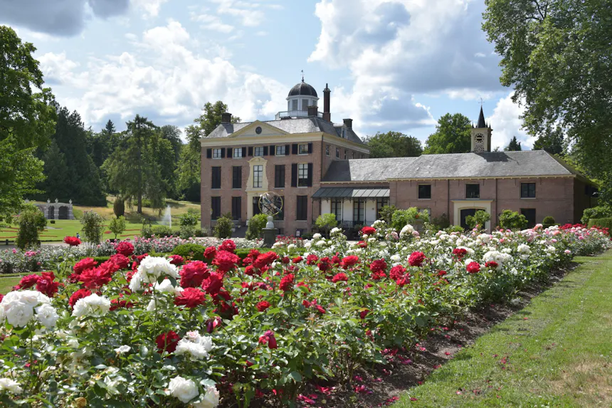 Kasteel Rosendael, een symmetrisch landhuis met bijgebouwen, waarvan één een klokkentoren heeft. Boven het dak steekt een ronde koepel uit, onderdeel van de middeleeuwse toren achter het huis. Op de voorgrond ligt een formele rozentuin met geordende rijen bloeiende rode en witte rozen. Achter het huis strekt zich een groen park uit onder een deels bewolkte lucht.